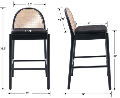 Guyou Modern Bar Stools Set of 2, 26" Counter Height Bar Stools with Natural Rattan Back and Solid Wood Frame, Sherpa Upholstered Kitchen Island Chairs for Bar Island Cafe Kitchen, Black