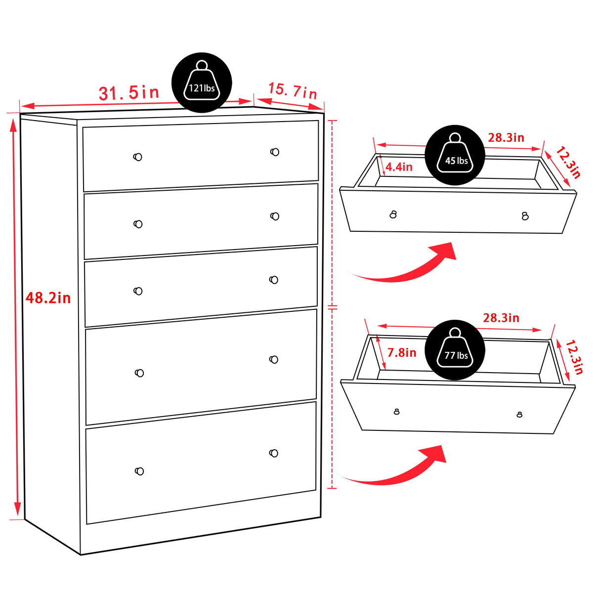 VEIKOUS Oversized 5-Drawer Dresser Chest, Large Storage Dresser for Bedroom Storage, Oak
