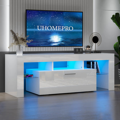 UHOMEPRO TV Stand for TV up to 70", Living Room Entertainment Center with RGB LED Lights and Storage Shelves Furniture, White High Gloss TV Cabinet Console Table