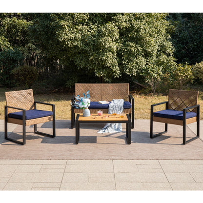 MF Studio 4-Piece All-Weather Rattan Patio Furniture Set, Outdoor Conversation Set with Wood Table, Brown and Beige