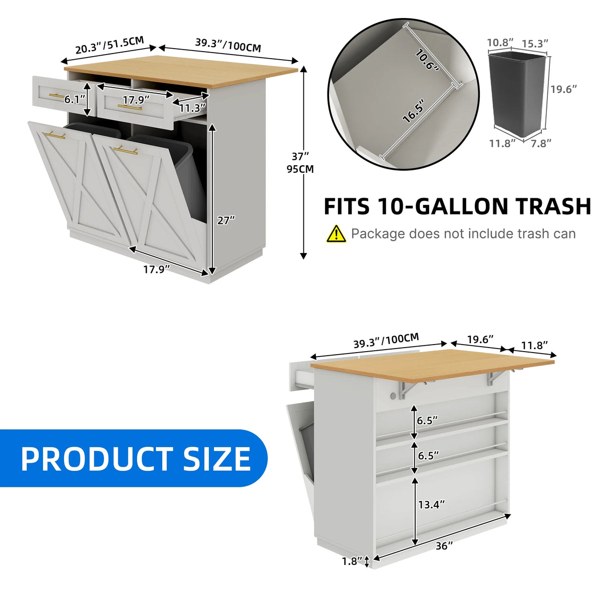 DEXTRUS Kitchen Island Cart with Drop Leaf & Power Outlets, Kitchen Island with 2 Trash Can Cabinets & Storage Shelves, Black
