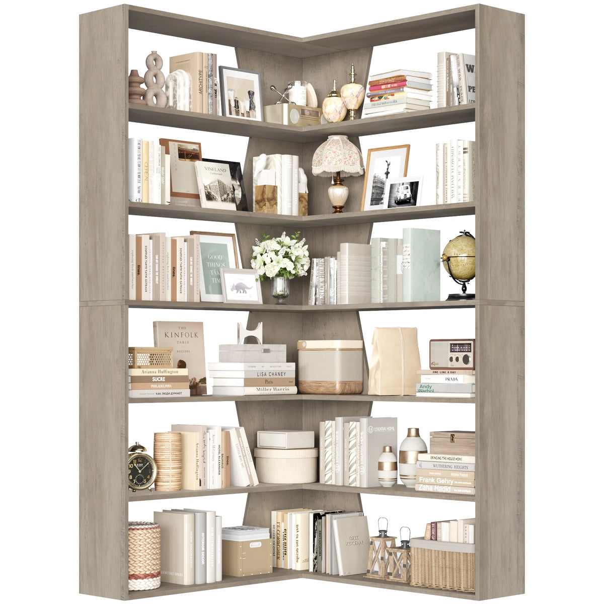 Homfa 6-Tier Corner Bookcase, L-Shaped Bookshelf with Baffle, Storage Display Rack for Office Living Room, Gray