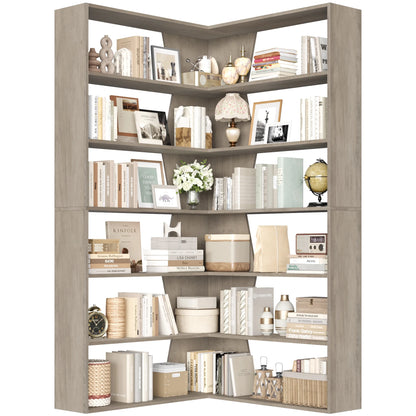 Homfa 6-Tier Corner Bookcase, L-Shaped Bookshelf with Baffle, Storage Display Rack for Office Living Room, Gray