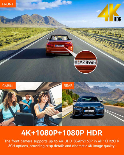Vantrue Nexus 4  Pro 3 Channel 4K WiFi Dash Cam, STARVIS 2 IMX678 Night Vision, Voice Control, HDR, 24 Hours Parking Mode, Support 512GB Max