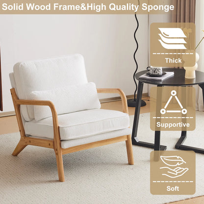 Ktaxon Accent Chair Corduroy Upholstered Armchair, Reading Club Chair with Pillow and Solid Wood Frame for Living Room Bedroom Furniture Off White