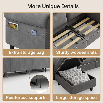 106" Modular Sectional Sofa Bed with Storage Ottoman, Lofka Modern Comfy Couches and Sofas with Side Pockets for Small Spaces, Living Room Furniture in Dark Gray