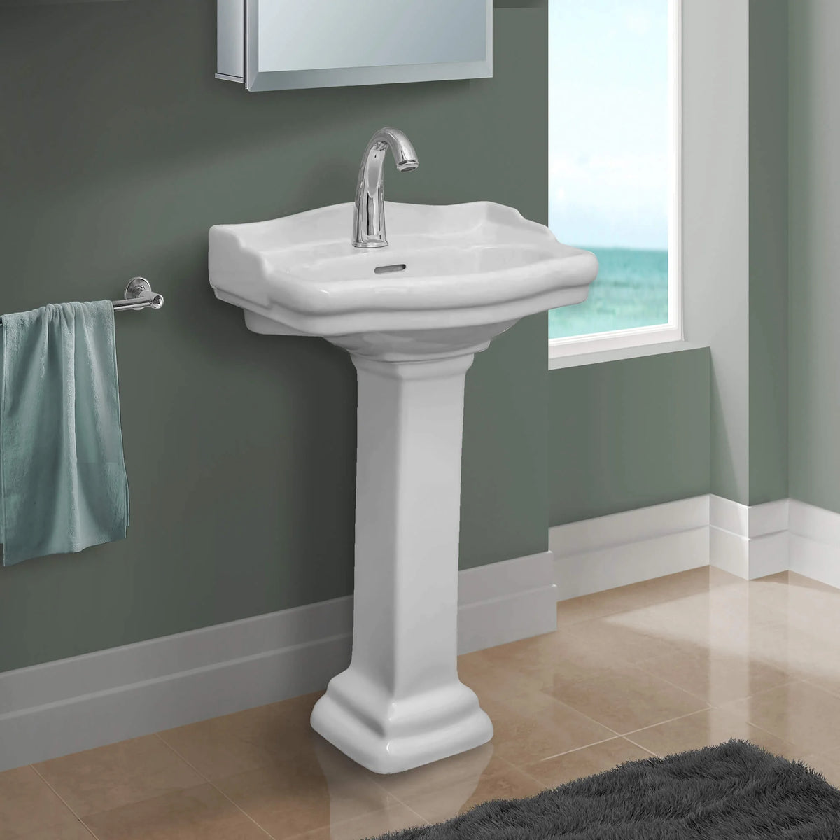 Fine Fixtures Roosevelt Pedestal Sink - 18 Inch Vitreous China Ceramic Pedestal Sink - Single Faucet Hole Sink in White