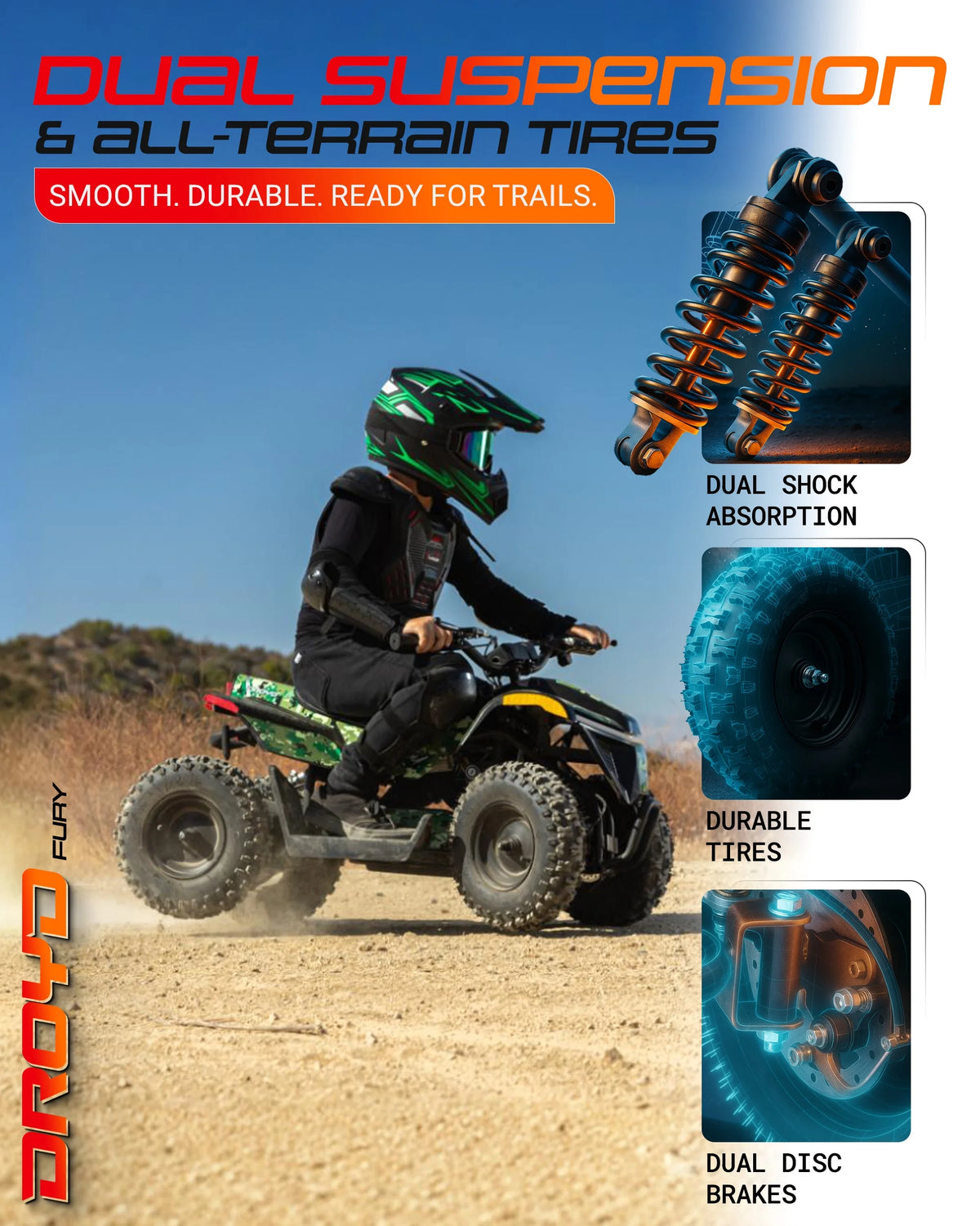 Droyd Fury Electric Youth ATV, 36V 500W Brushless Motor, Dual Suspension, Max Speed 15 mph, Offroad