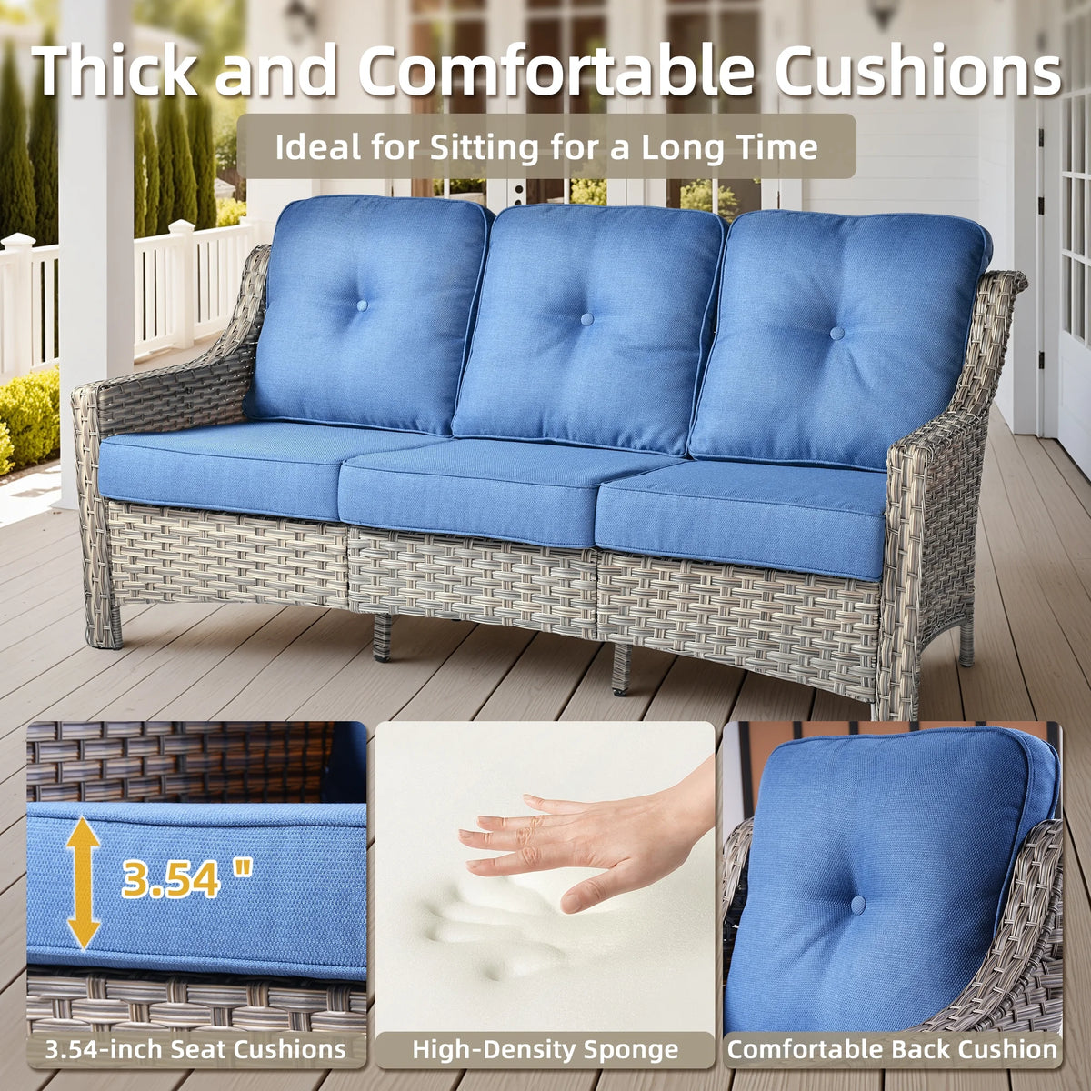 Ovios Outdoor Patio Sofa 3-Seater with Cushions All-Weather Wicker Rattan Couch for Garden, Porch, or Backyard