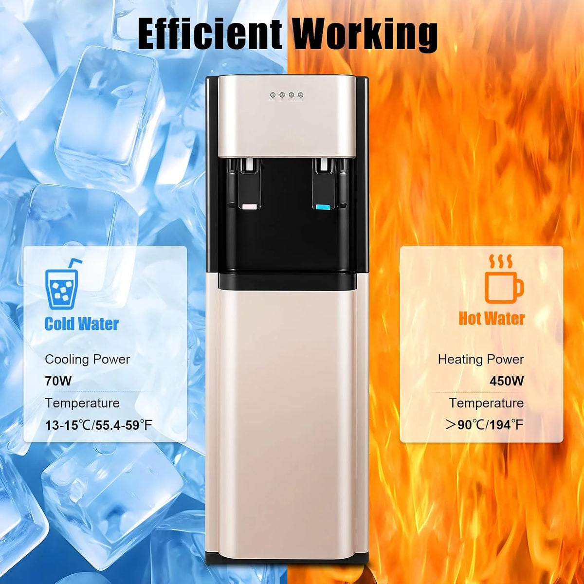 Bottom Loading Water Cooler Dispenser, 5 Gallon Bottles 2 Temperature Settings Hot & Cold Water Dispensers Stainless Steel Construction Bottom Load Water Dispenser (Gold)