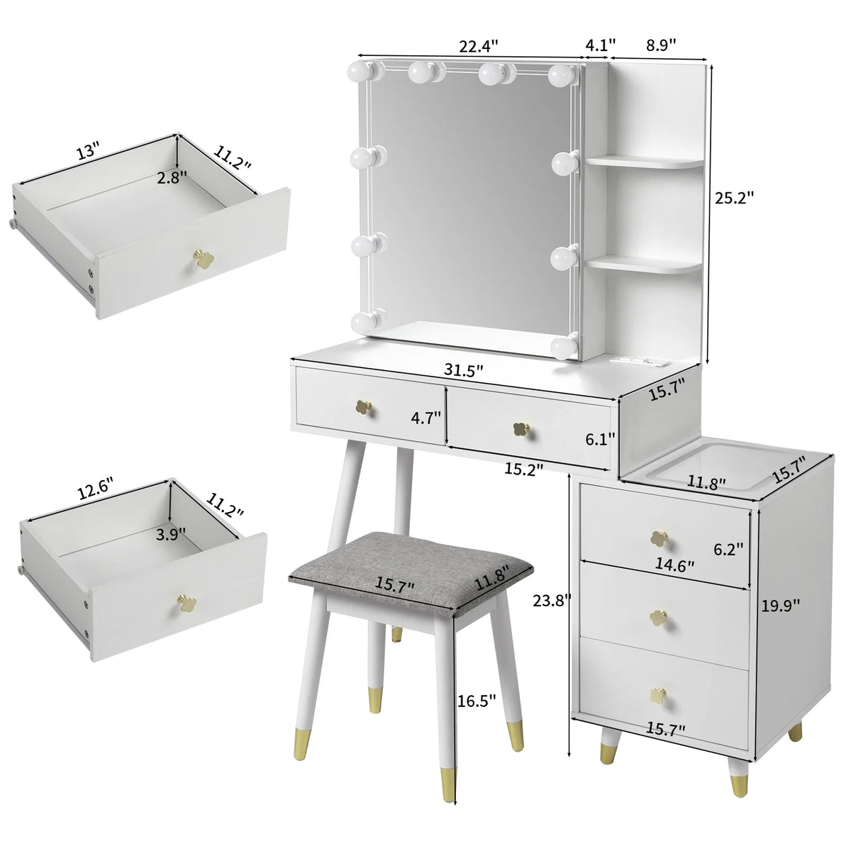 Kadyn Vanity Desk with Lighted Mirror, Vanity Table and Chair Set with 2 Drawers, Dressing Table Makeup Desk with 1 Door, Retro Gray
