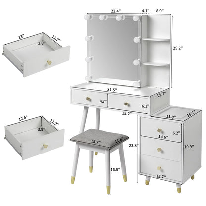 Kadyn Vanity Desk with Lighted Mirror, Vanity Table and Chair Set with 2 Drawers, Dressing Table Makeup Desk with 1 Door, Retro Gray