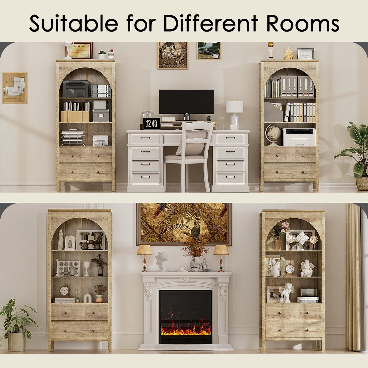 Arched Bookcase, Oak Arched Cabinet with Drawers, 71" Tall China Curio Cabinet, Display Cases for Collectibles, Vintage Bookshelf for Ding Room, Bedroom, Living Room
