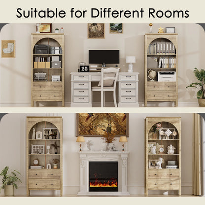 Arched Bookcase, Oak Arched Cabinet with Drawers, 71" Tall China Curio Cabinet, Display Cases for Collectibles, Vintage Bookshelf for Ding Room, Bedroom, Living Room
