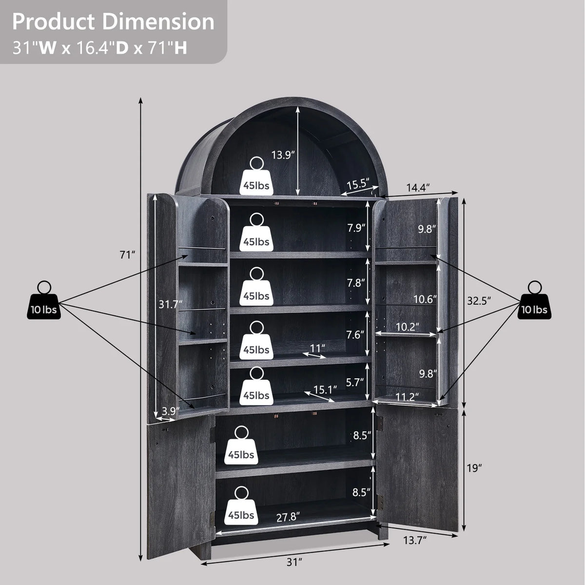 IFGET 71" Tall Arched Kitchen Pantry Storage Cabinet, Large Storage Cabinet with Adjustable Shelves, Pantry Cabinet for Kitchen, Dining Room