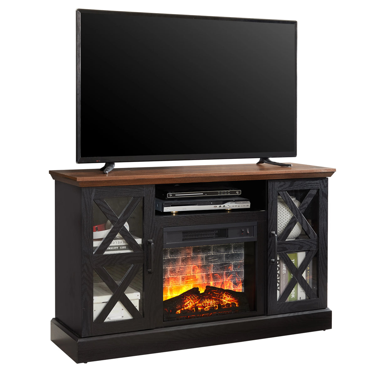Mainstays Farmhouse Fireplace TV Stand for TVs up to 55", off White/Walnut