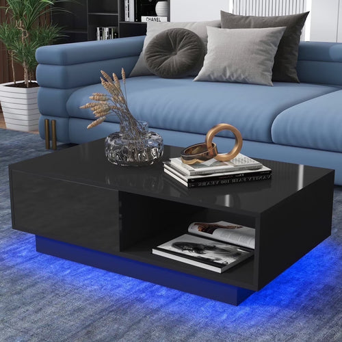 Hommpa LED Coffee Table Modern Side Tables High Gloss Black Cocktail Table with 2 Drawers Open Shelf for Living Room