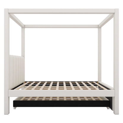 Harper & Bright Designs Twin Size Upholstery Canopy Platform Bed with Trundle and 3 Storage Drawers, Captain Platform Bed Frame with 4-Poster Canopy Roof, Beige