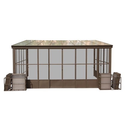 TOTAL Outdoor 10'x12' All-Season Sunroom Gazebo with Steel Roof, PVC Screen, Front & Side Door, Brown