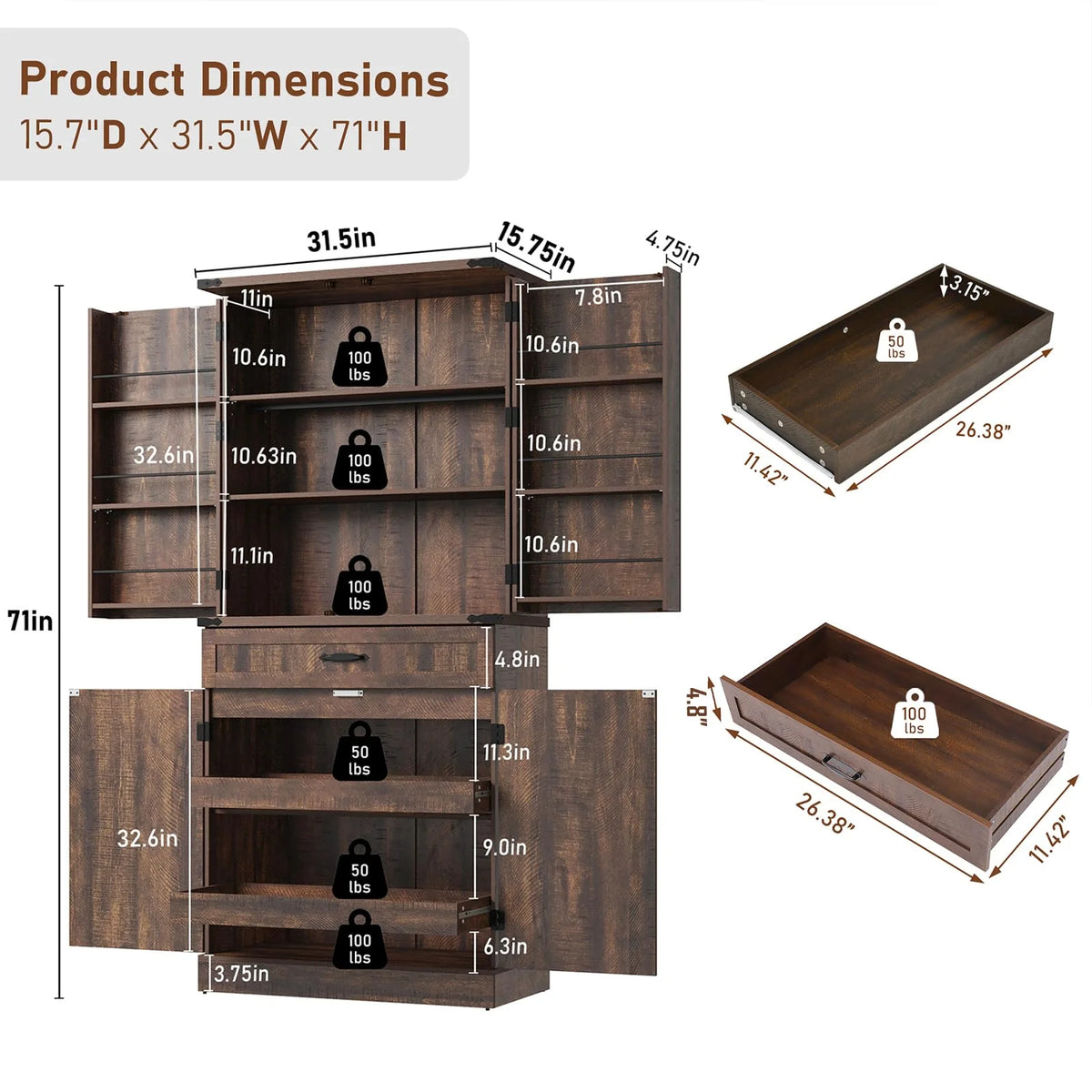 71" Tall Farmhouse Kitchen Pantry with 12 Side Shelves & Adjustable Shelves, 5 Layers Pantry Storage Cabinet w/Load-Bearing Steel Pipe & 4 Barn Doors for Kitchen, Dining Room, Living Room, Brown