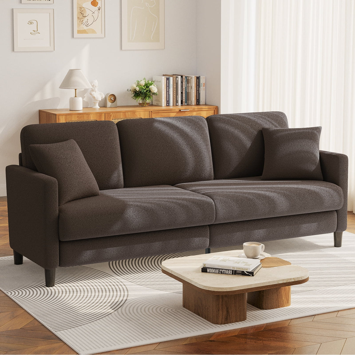 83" Comfortable Upholstered Sofa, 3 Seater Couch for Living Room, Neche Big Loveseat with Extra Deep Seats , 2 Pillows, Beige White