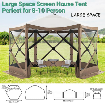 COBIZI 12x12 Pop Up Canopy Gazebo, Outdoor Canopy Tent Screen House with 5 sidewalls and Netting for Camping, Waterproof, UV Resistant, Ez Set-up Party Tent with Carrying Bag and Ground Stakes,Brown