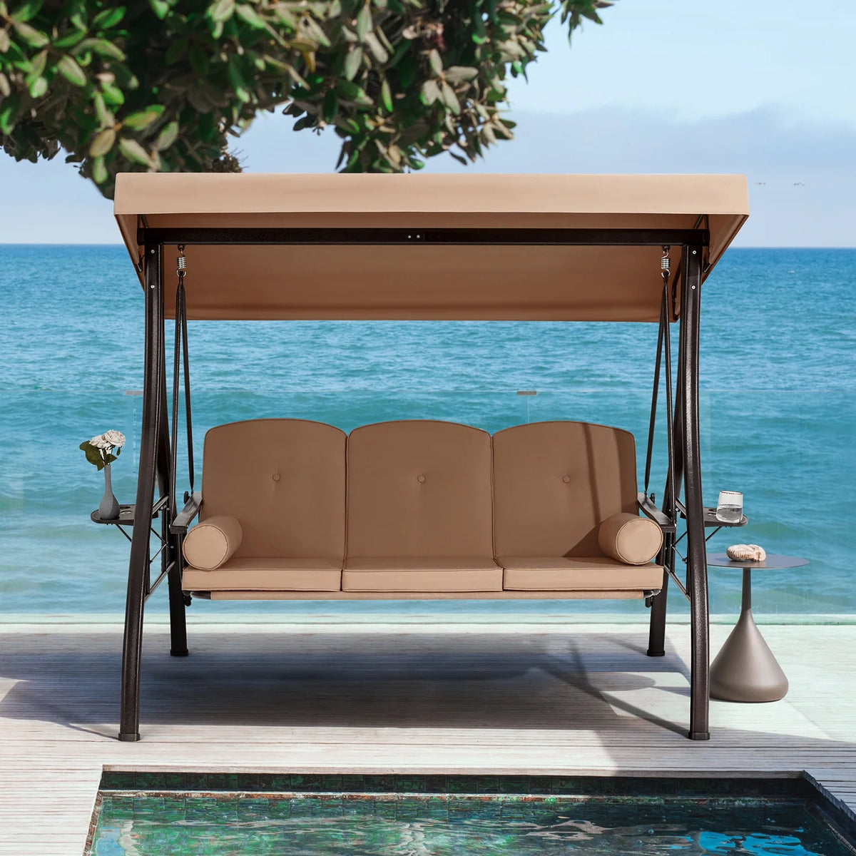Homrest 3 Person Patio Outdoor Porch Swing with Adjustable Canopy, Backrest, Swing Bed with Stand for Garden,Deck