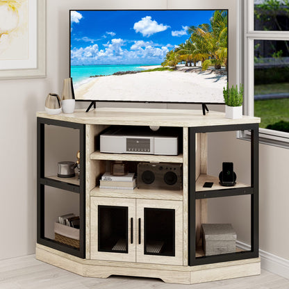 Dextrus Farmhouse Corner TV Stand for TVs up to 55 inch with Power Outlet, Wood Entertainment Center, TV Media Console with Storage, White Oak