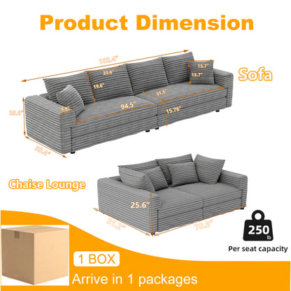 Alvantor 4-Seat Sofa 102" W Corduroy Upholstered Deep Seat Couches Convertible Chaise for Living Room, Apartment Grey