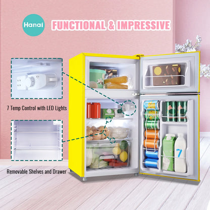 3.5 Cu.ft Compact Refrigerator WANAI Dual Doors Handles Mini Fridge with Top Freezer Blue New