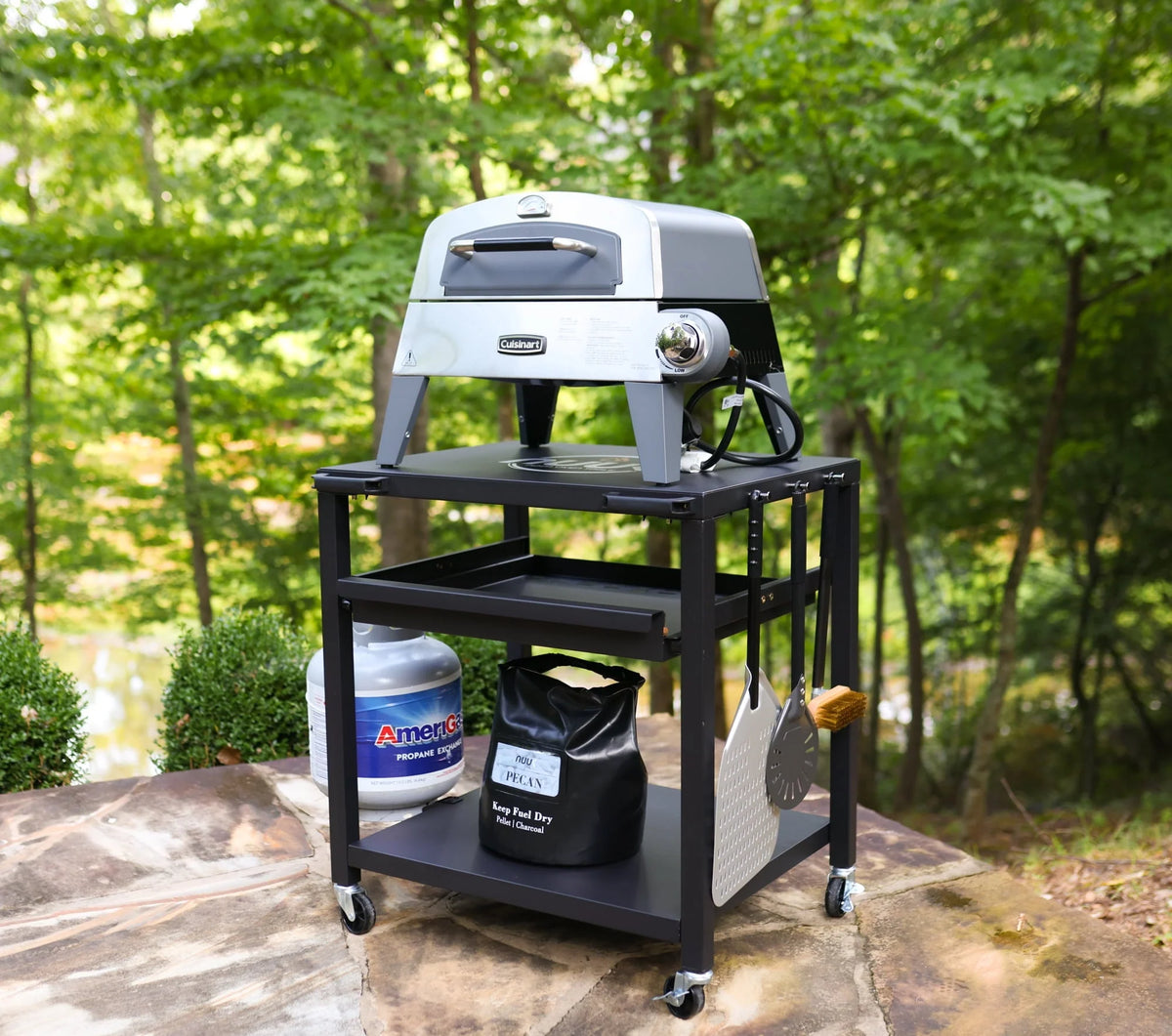 NUUK Three-Shelf Heavy Duty Rolling Outdoor Pizza Oven Table, 24" x 30" Steel Commercial Multifunctional Food Prep Worktable on Wheels