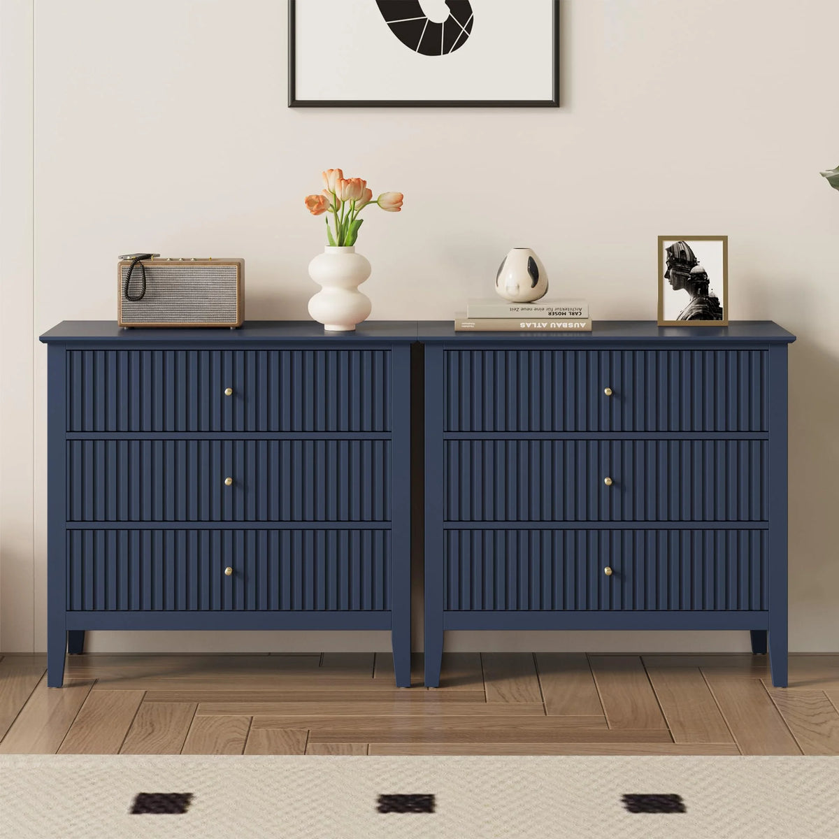 Heynemo Beige 6 Drawer Dresser, Fluted Modern Wood Chest
