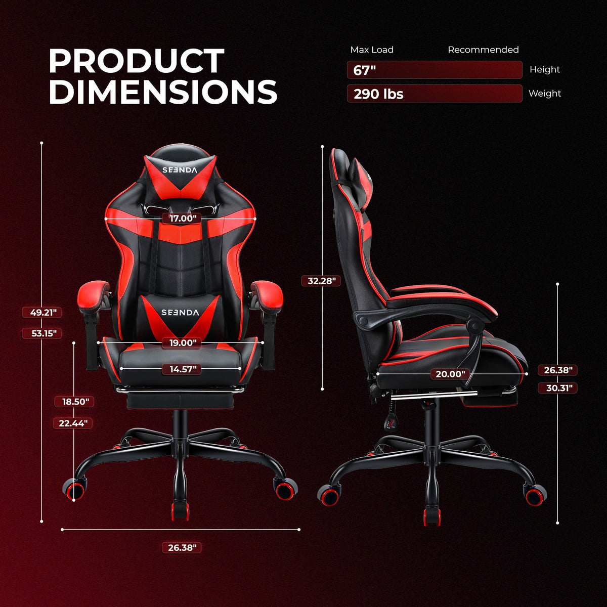 Gaming Chair, Seenda Video Game Chair with Footrest and Lumbar Support, Ergonomic Computer Chair Height Adjustable with Swivel Seat and Headrest, Red