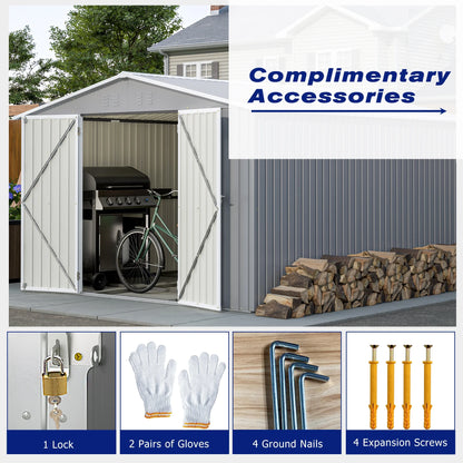 LZBEITEM 10 x 10 ft Outdoor Storage Shed with Floor Frame Kit, Galvanized Steel Garden Sheds, Garden Tool Shed with Double Lockable Doors for Backyard Patio Lawn, Grey