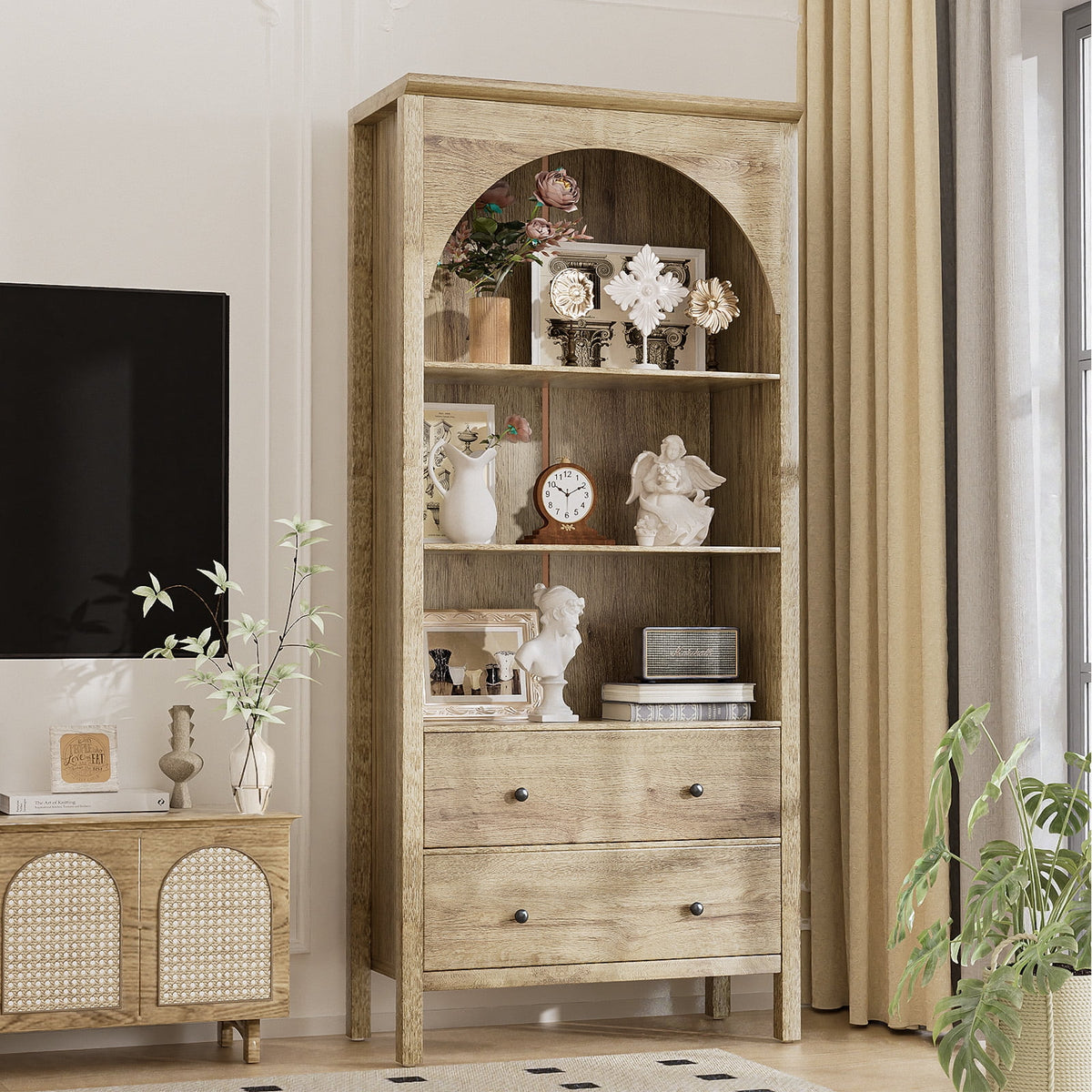 Arched Bookcase, Oak Arched Cabinet with Drawers, 71" Tall China Curio Cabinet, Display Cases for Collectibles, Vintage Bookshelf for Ding Room, Bedroom, Living Room