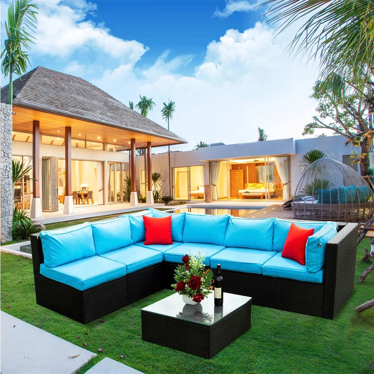 7 Piece Patio Furniture Sets Outdoor Sectional PE Rattan Outdoor Furniture Patio Conversation Set with Cushions and Glass Coffee Table, for Balcony Lawn and Garden, Gray