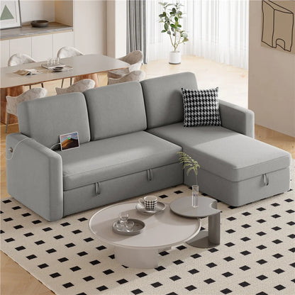 Alden Design Reversible Sectional Sofa with USB & Type-C Ports for Livingroom, Light Gray