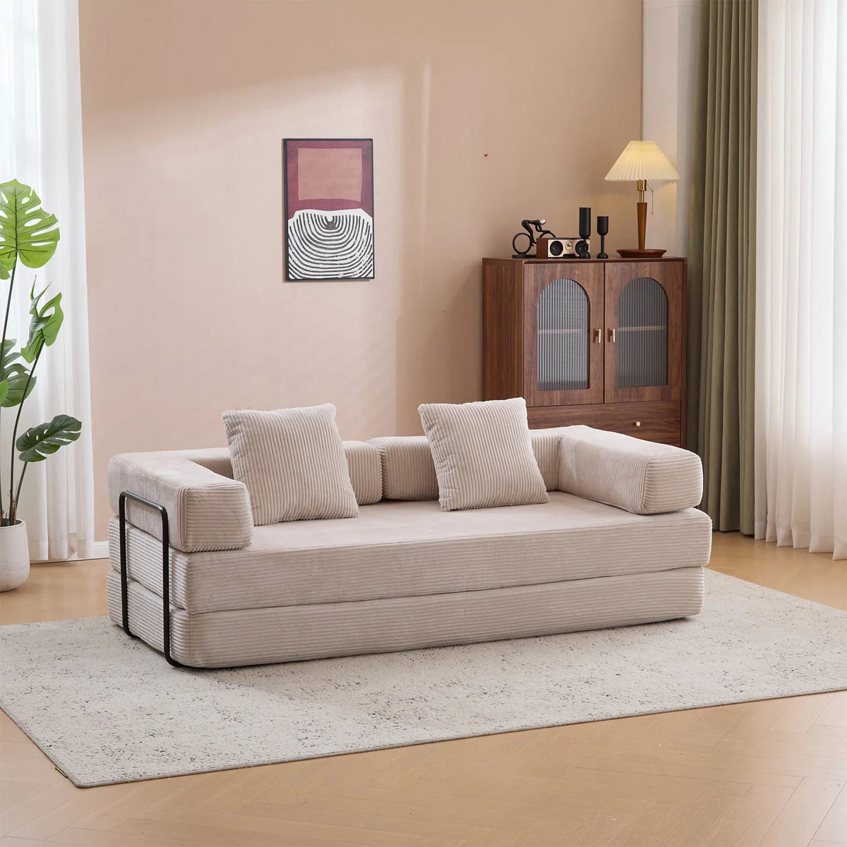 Taicans ?Convertible Floor Sofa Bed - 3 Seats Foldable Corduroy Futon Couch w/Pillow Support,Space-Saving Guest Bed for Living Room,Dorm,No Assembly Compressible Foam Mattress (Gray,76.7Inch L)