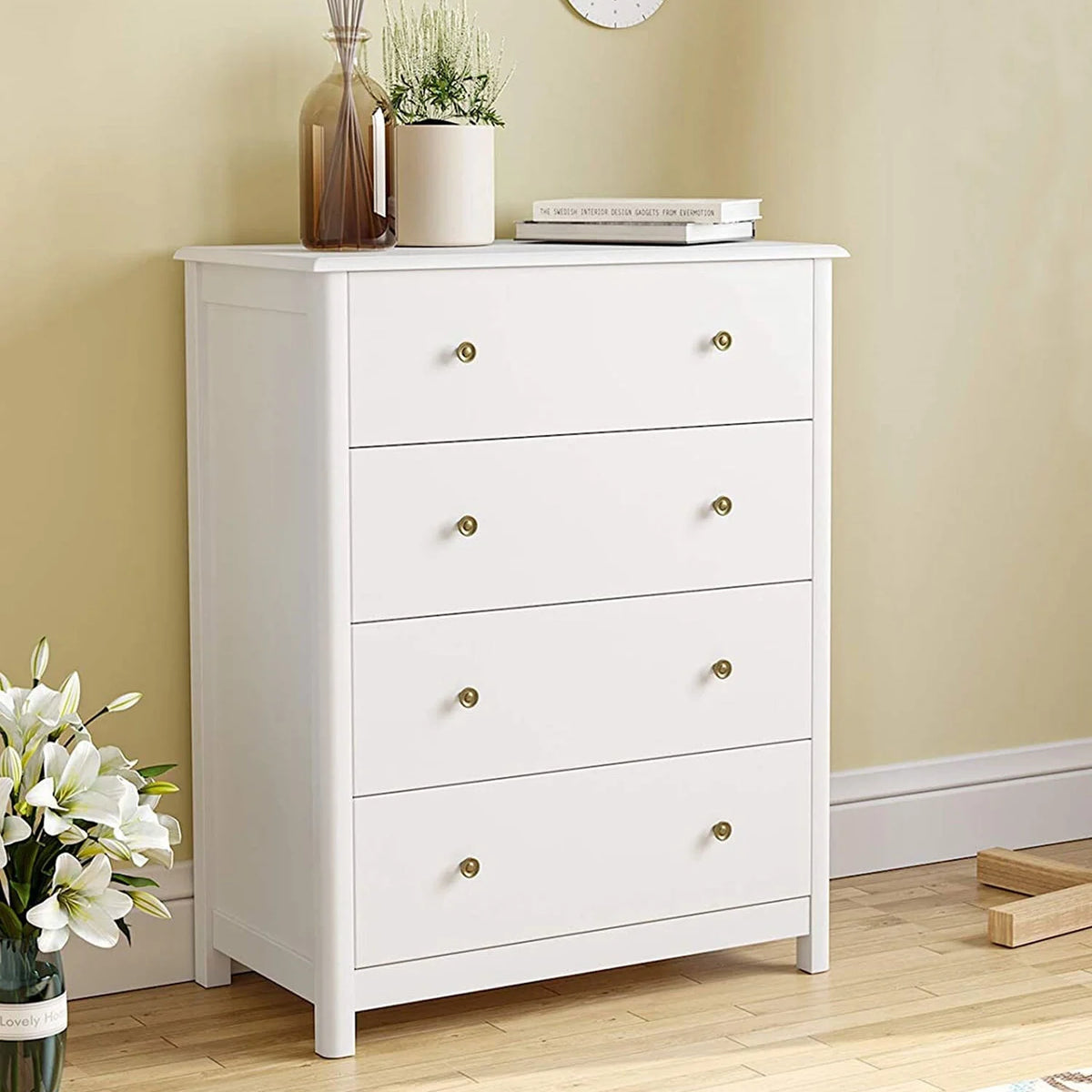 Homfa Vertical Dresser with 4 Drawer, Wide Chest of Drawers Nightstand for Bedroom Closet Entryway, White