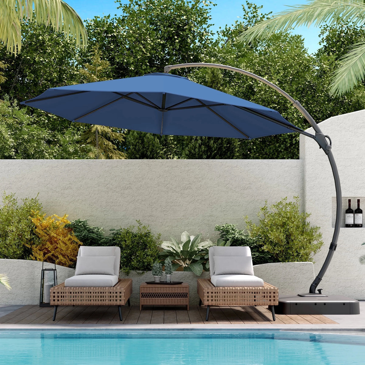 LAUSAINT HOME 11FT Patio Umbrella with Base, Outdoor Deluxe Curvy Cantilever Umbrella for Patio Pool Deck, Champagne