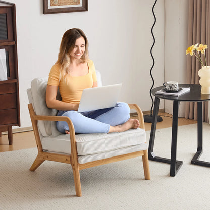 Ktaxon Accent Chair Corduroy Upholstered Armchair, Reading Club Chair with Pillow and Solid Wood Frame for Living Room Bedroom Furniture Off White