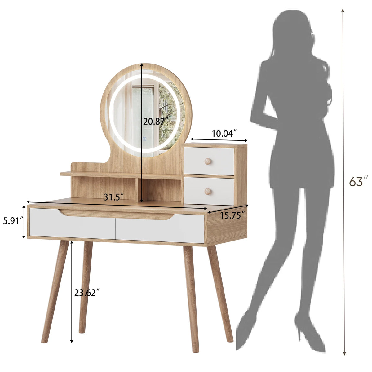 Montary Modern Mini Vanity w/Adjustable LED Mirror + Hidden Storage, Padded Stool & Dustproof Shelves (White)
