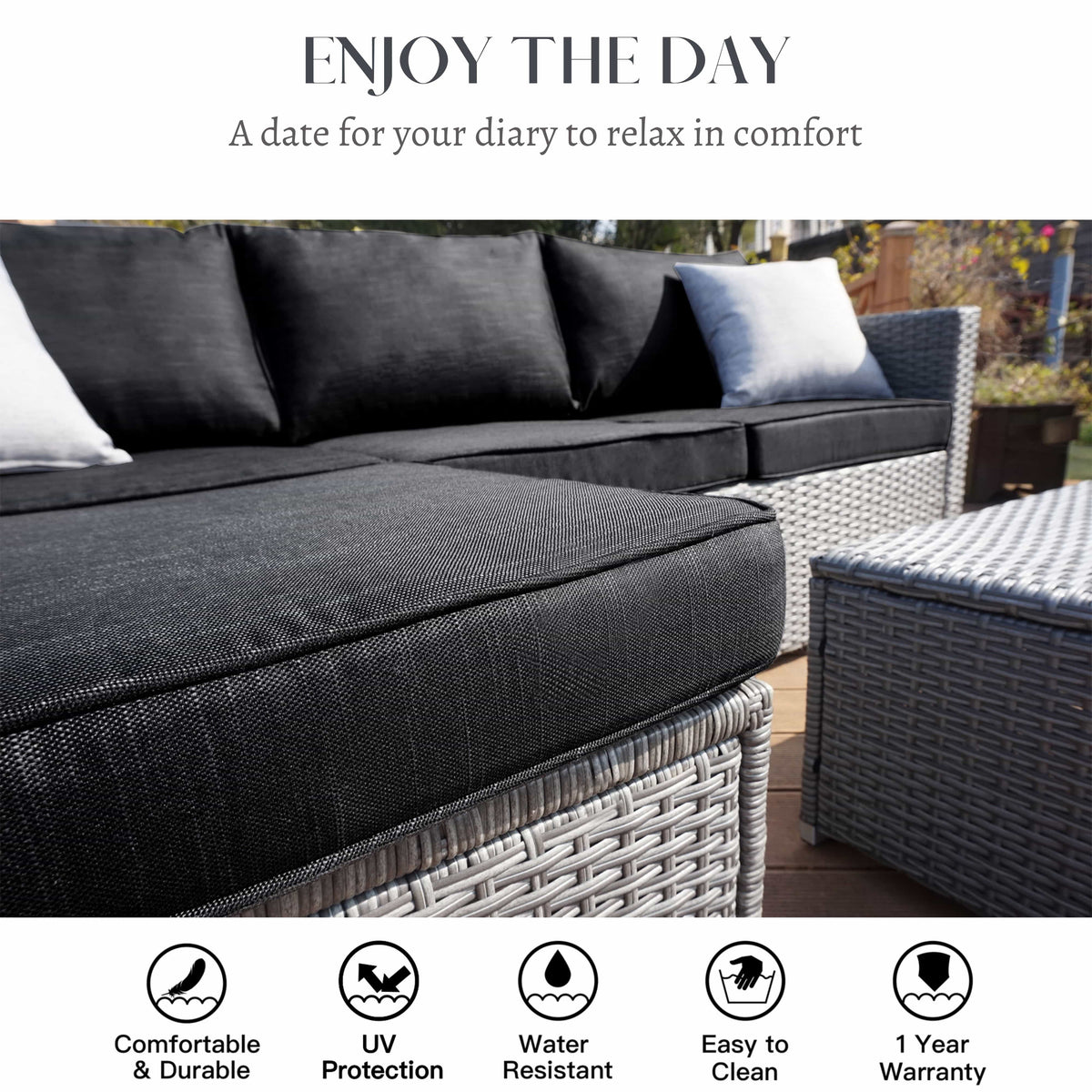 SUNTONE Patio Sectional Set - 3 Pieces Outdoor Conversation Set Wicker Rattan Outdoor Furniture Sofa with Table, Beige