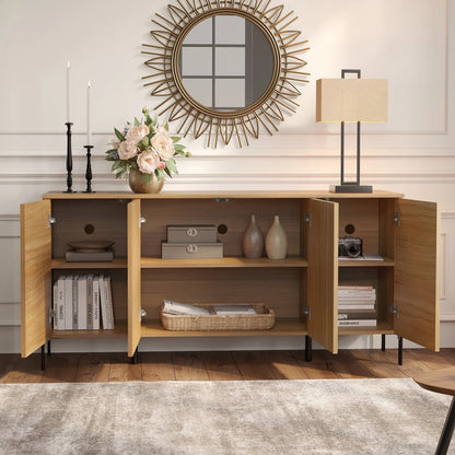 4 Pcs Bedroom Set,6 Drawer Dresser And Nightstand Sets For Bedroom,Night Stand Set Of 2, Modern Accent Cabinet With Hidden Handles, Reed Pattern & Double Chopsticks Legs