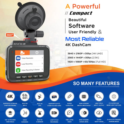 ROVE R2-4K Dash Cam Built-in WiFi 6 GPS Car Dashboard Camera Recorder with UHD 2160P, 2.4" IPS Screen, 150�� Wide Angle, WDR, Night Vision