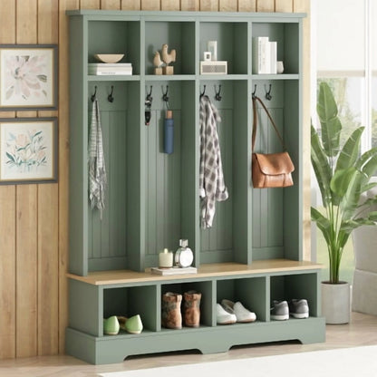 Farmhouse Hall Tree with Bench, 59" Wide Entryway Organizer with 8 Hooks & Storage Compartments, Modern Coat Rack & Shoe Bench for Mudroom,White