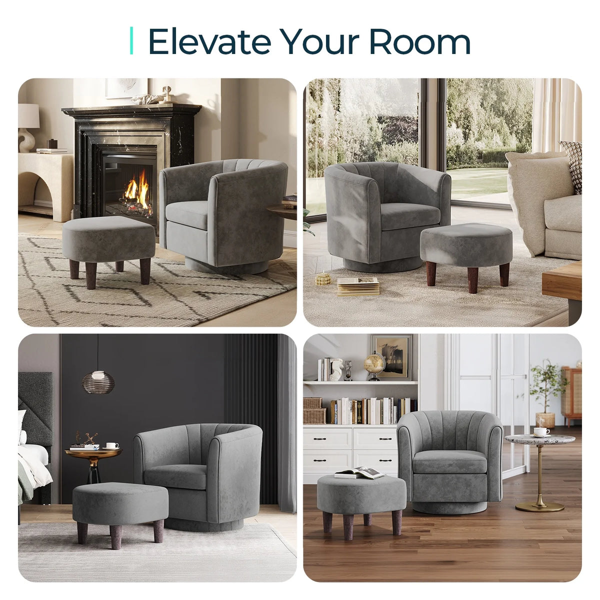 LINSY HOME Swivel Accent Chair with Ottoman, Velvet Barrel Chair for Living Room, Blue