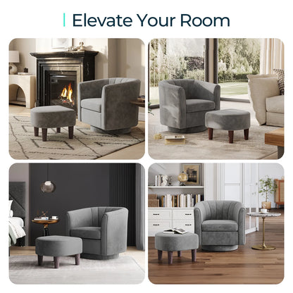 LINSY HOME Swivel Accent Chair with Ottoman, Velvet Barrel Chair for Living Room, Blue
