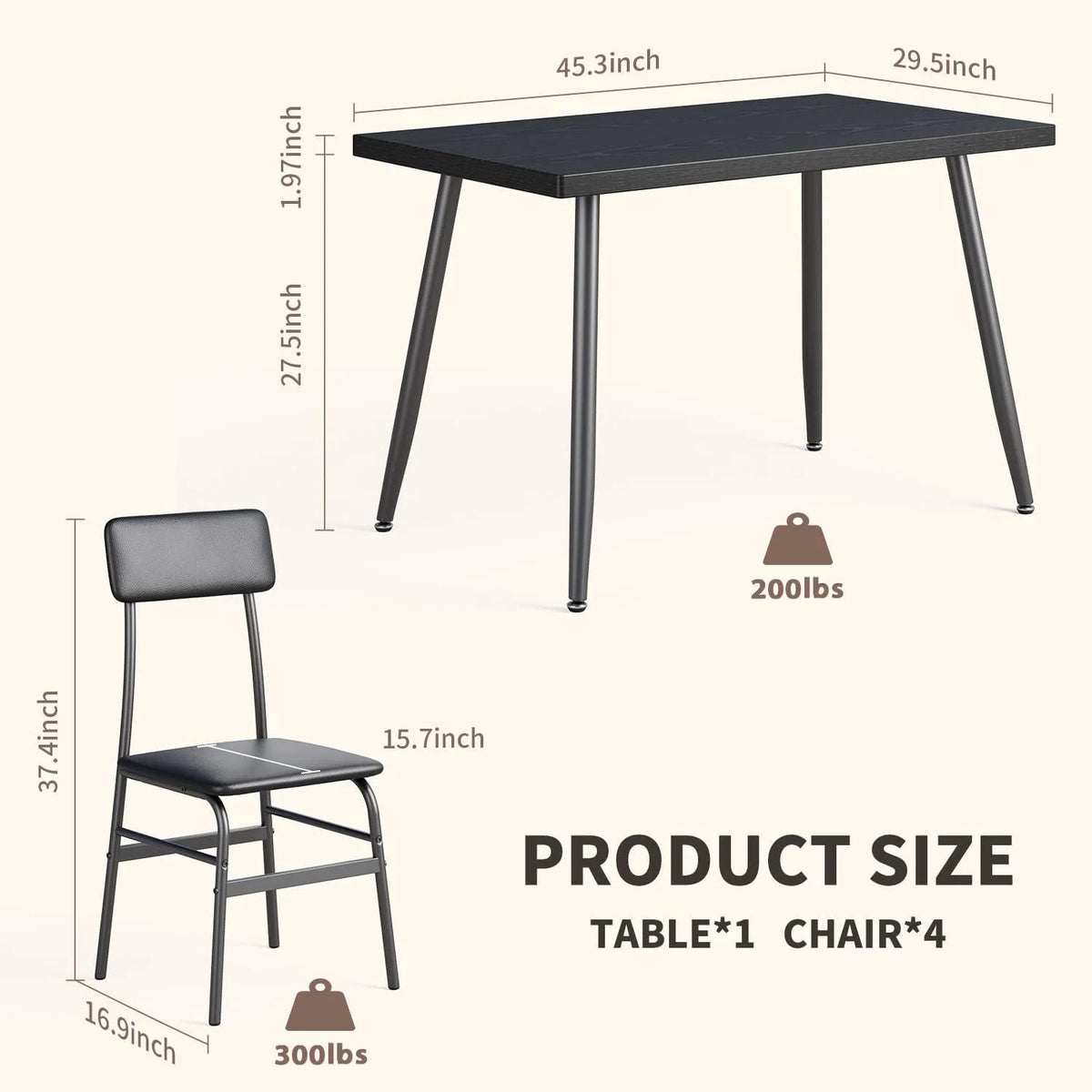 Dining Table Set for 4, Lofka 5 Piecs Kitchen Table and Chairs Set for Dining Room & Kitchen, Black