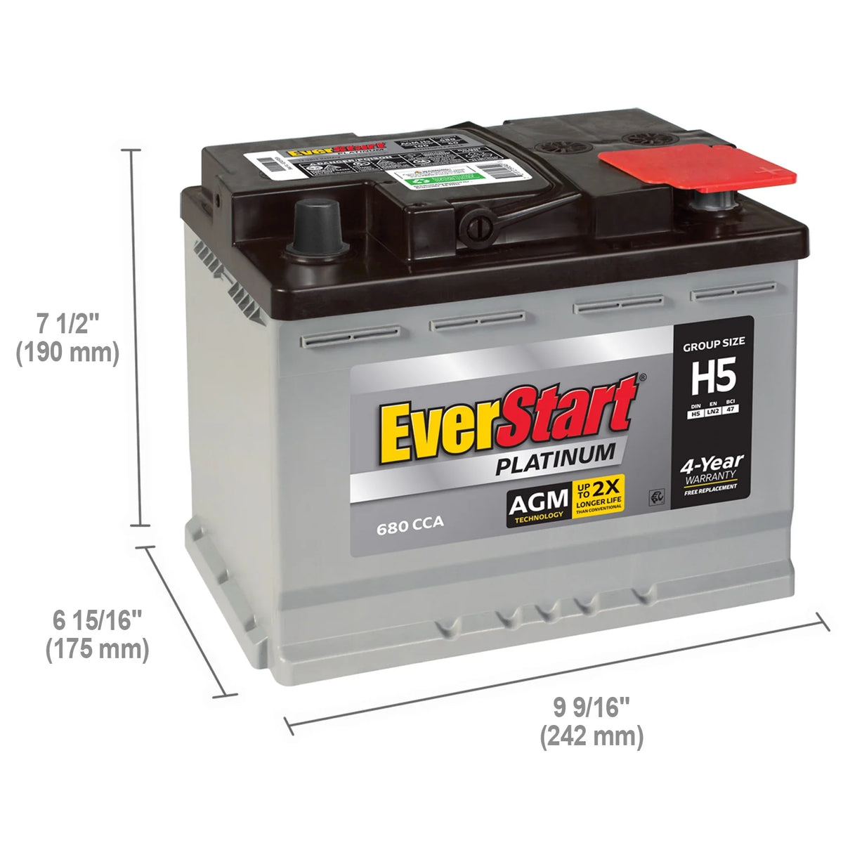EverStart Platinum BOXED AGM Automotive Battery, Group Size H5 / LN2 / 47 12 Volt, 680 CCA 105RC